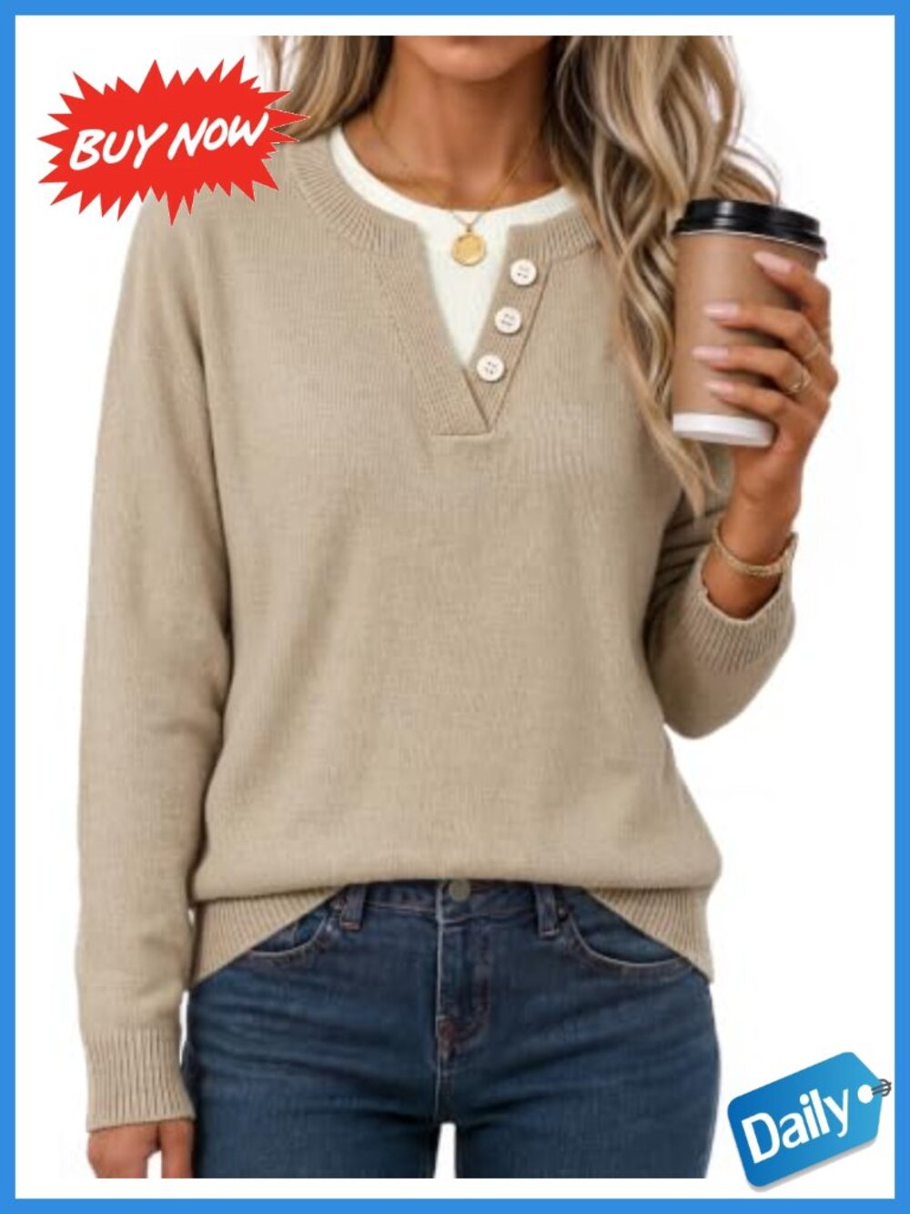 Womens Oversized Henley Pullover Sweater Layered Neck Knit Fall
